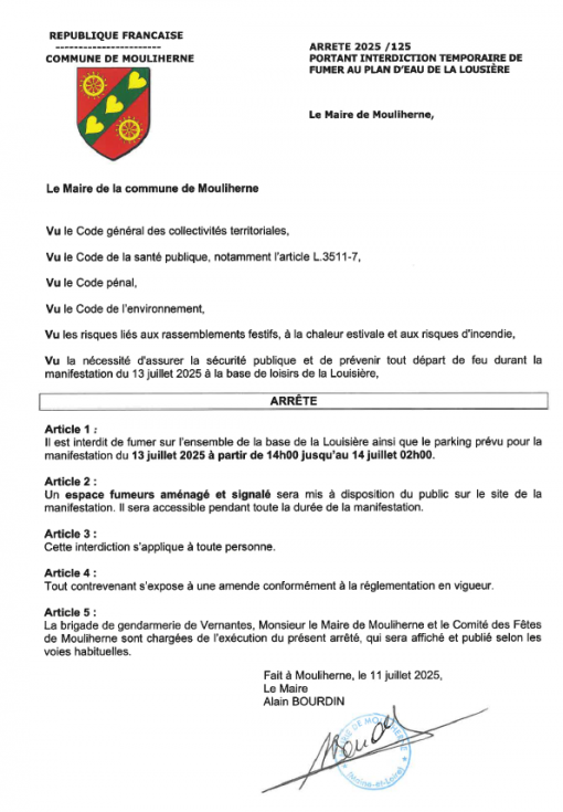 ARRETE INTERDICTION TEMPORAIRE DE FUMER LA LOUISIERE