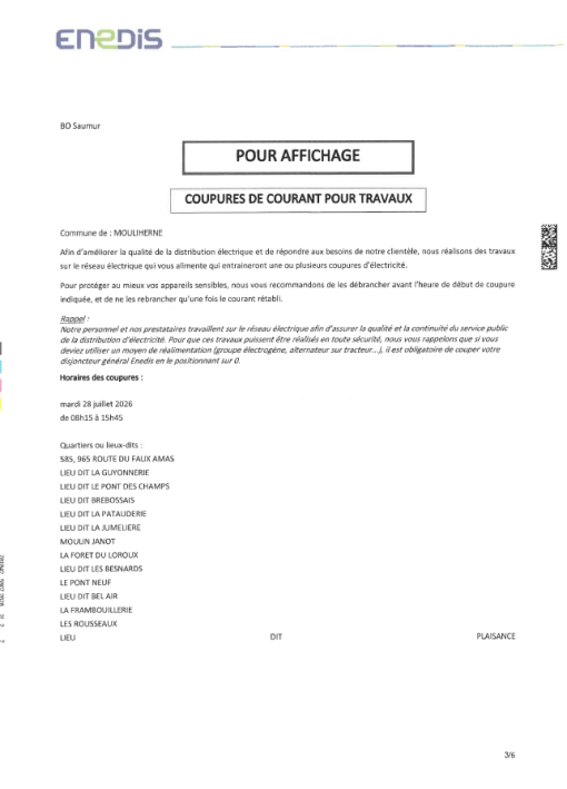 COUPURES DE COURANT POUR TRAVAUX
